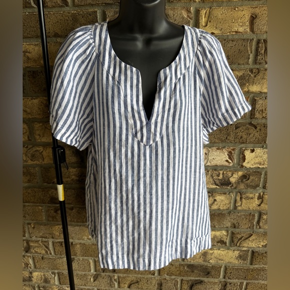 J. Crew Flutter-Sleeve Linen V-Neck Top Medium Blue White Stripe - Picture 4 of 14
